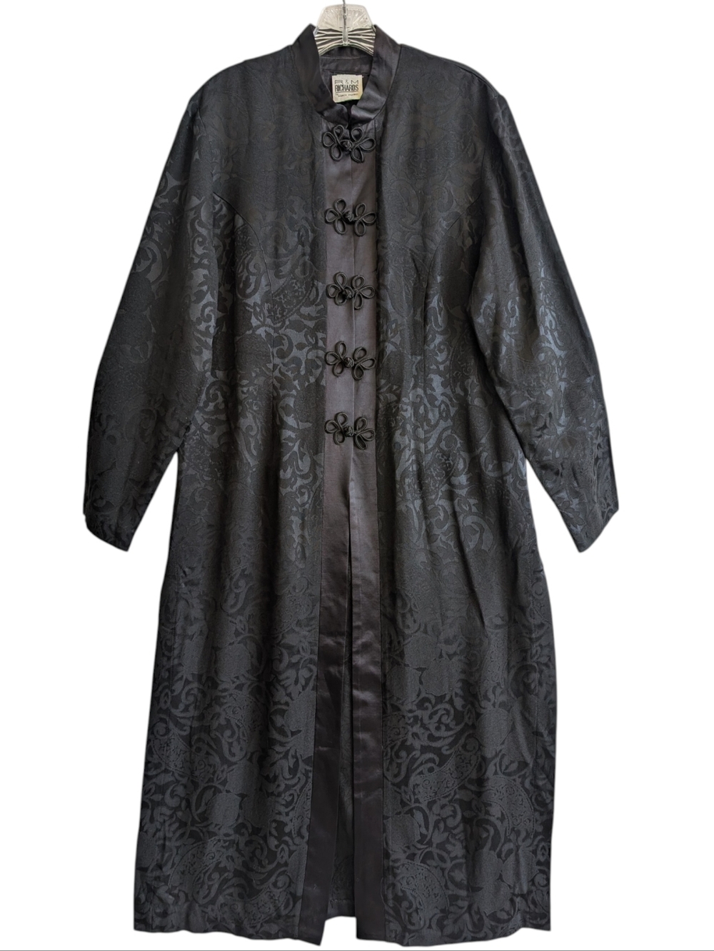 Vtg 70s Rayon Embossed Cheongsam Black Dress Fleur-de-lis Print Mandarin Collar